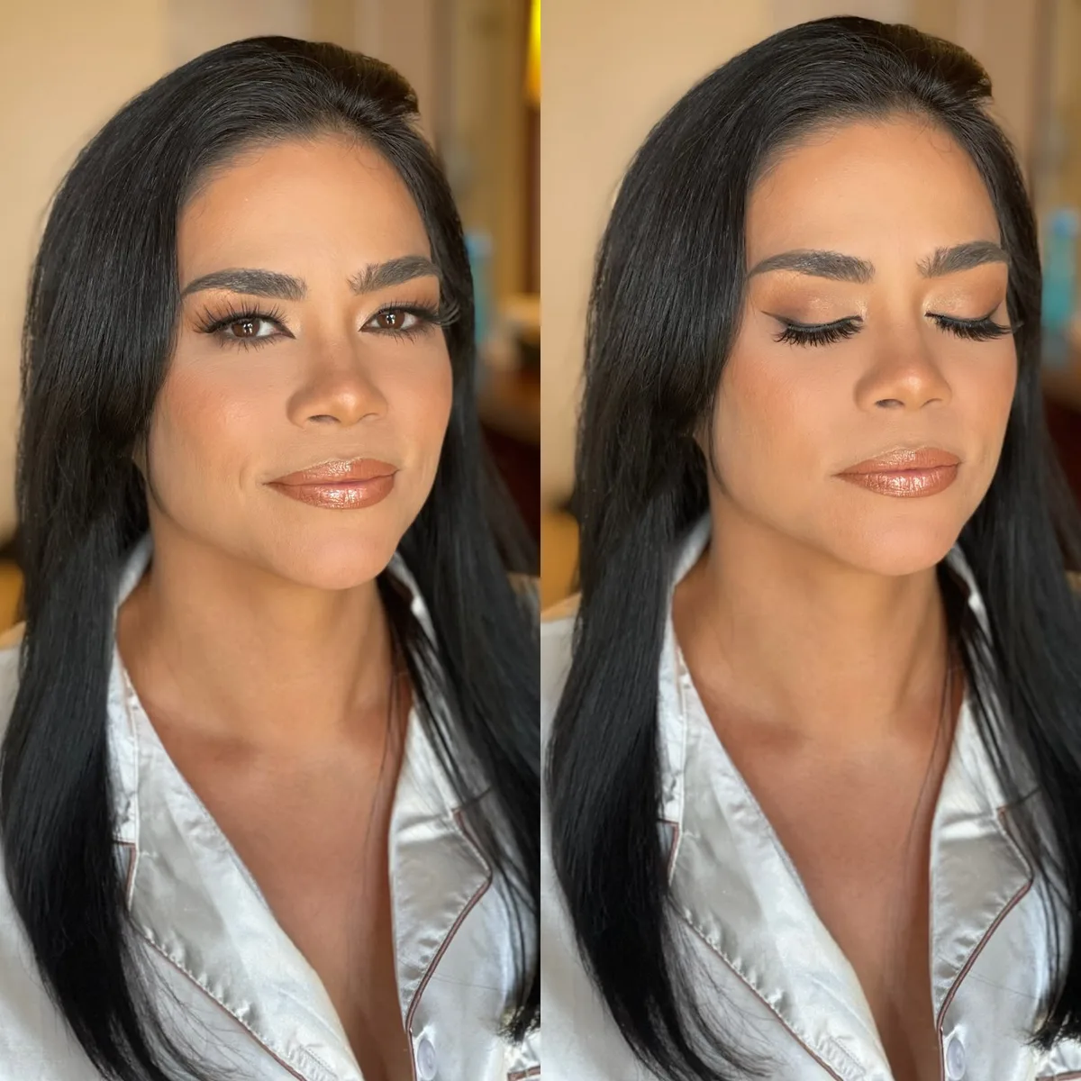 Warm bronze glam with fluttery lashes and a glossy nude lip
