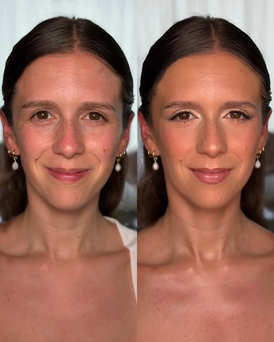 Soft, natural bridal glam shown before and after