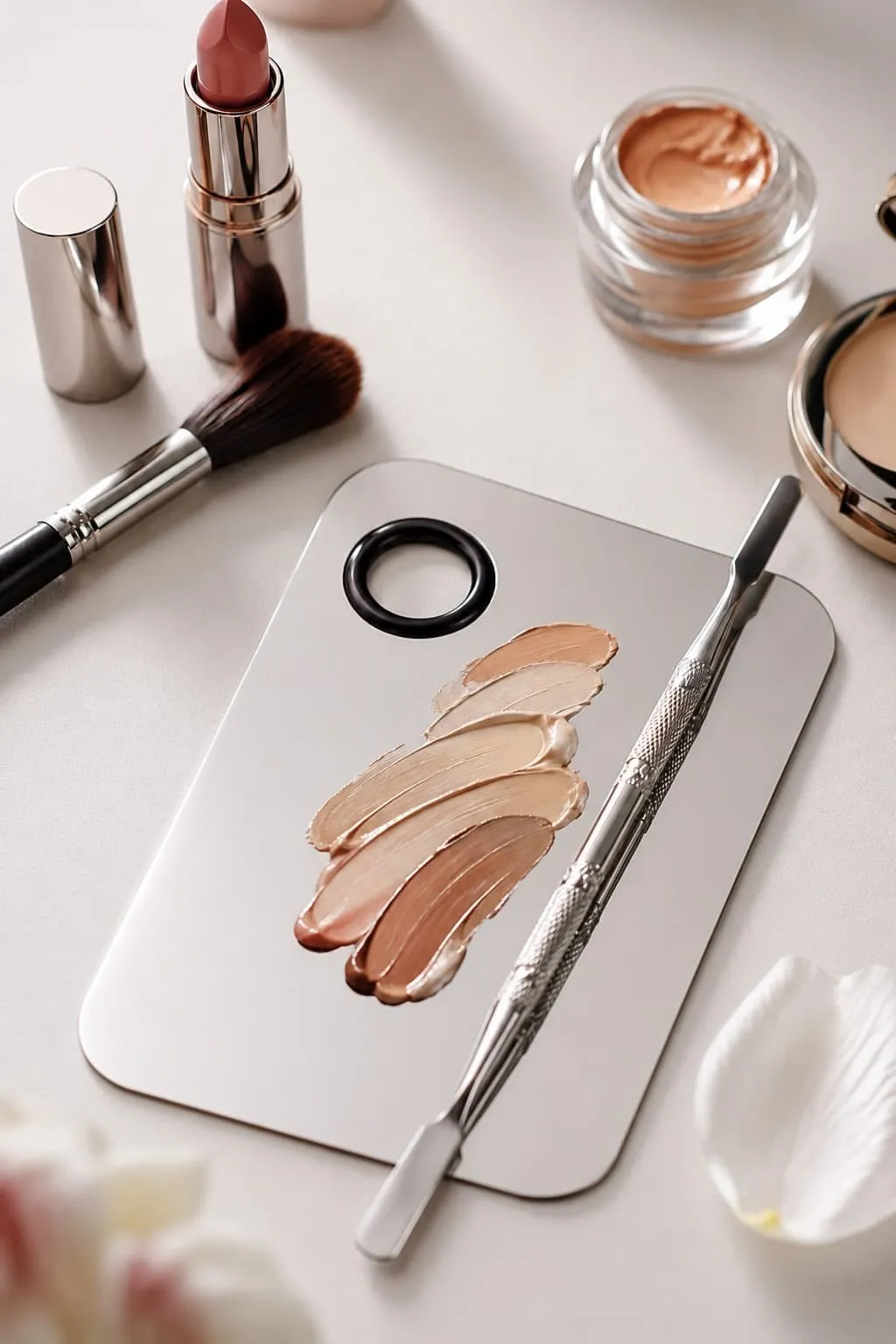 Foundation swatches, lipstick and brush on a mixing palette
